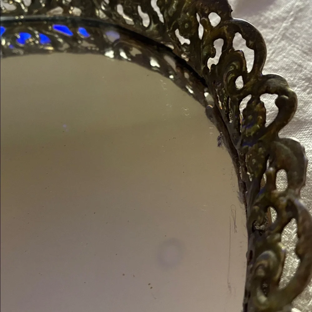 Mirrored vanity tray ornate reticulated brass filigree frame Around Oval Mirror